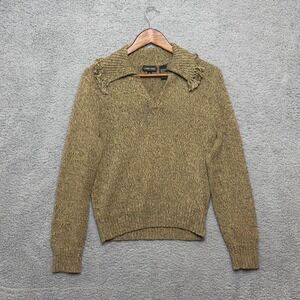 Vtg JEANNE PIERRE V-neck Sweater Women M Knit Cotton Fringe Collar Brown Green